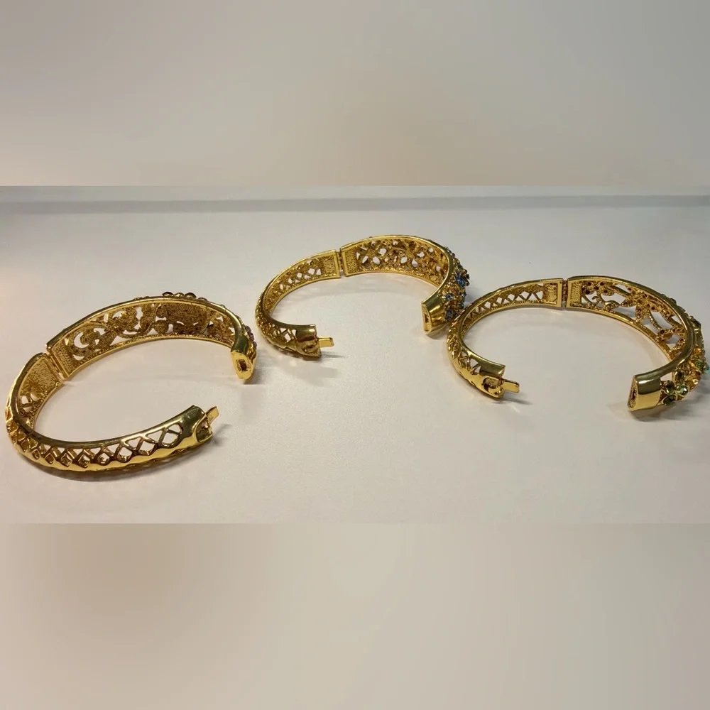 Gold Rhinestone Floral Stackable Multicolor Statement Bangle Bracelet Set